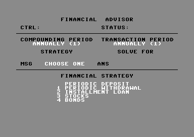 Financial Advisor screenshot 1 for Commodore 64
